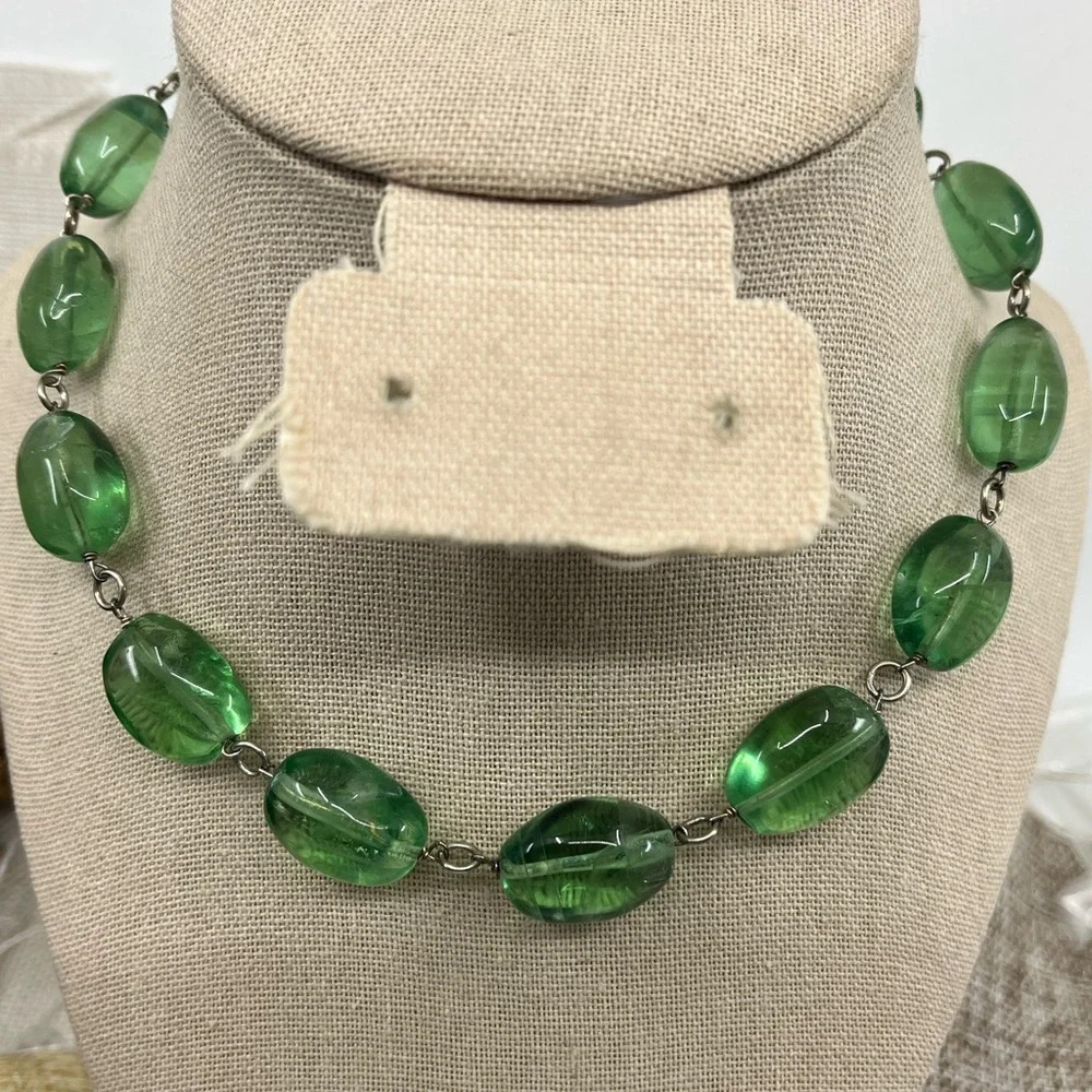 Vintage Signed Gerard Yosca Green Stone Necklace & Blue Chalcedony Pendant - Picture 2 of 16